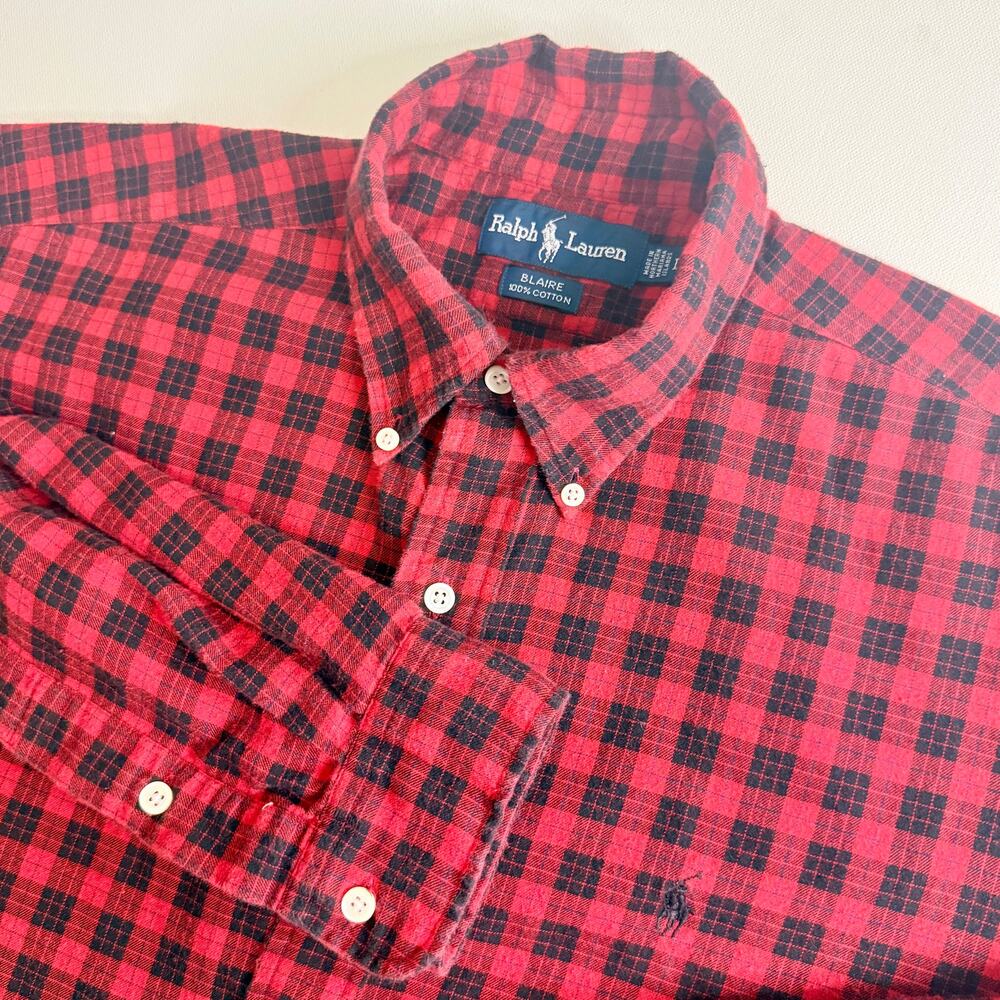 Vintage Ralph Lauren Blaire Shirt Soft L Red Black Plaid Flannel Cotton Pony